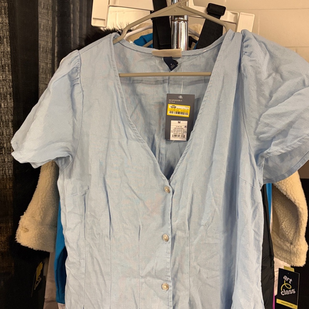 Short Sleeve Button-Front Mini A-Line Dress - Light Blue M - Picture 2 of 4